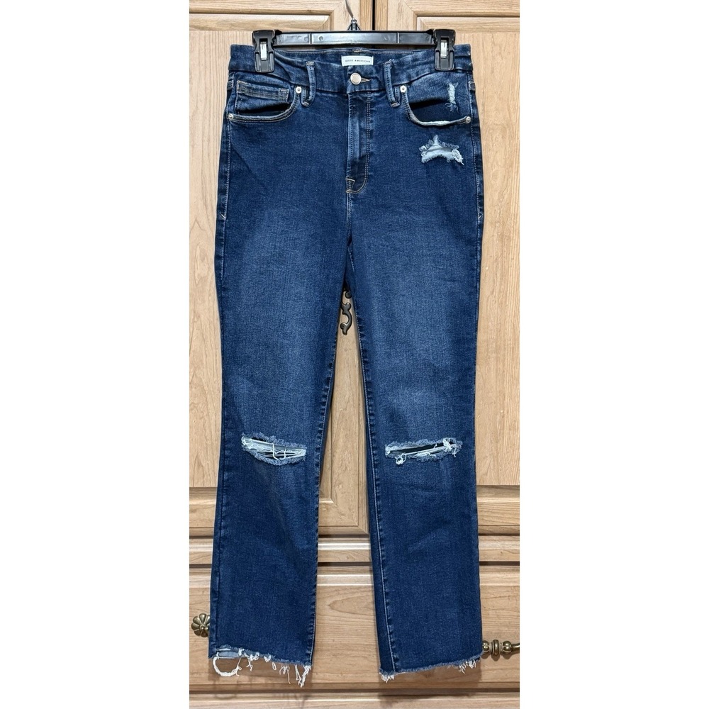 Good American Good Legs Straight Fit Mid-Rise Jeans Size 6-12 Blue Distressed